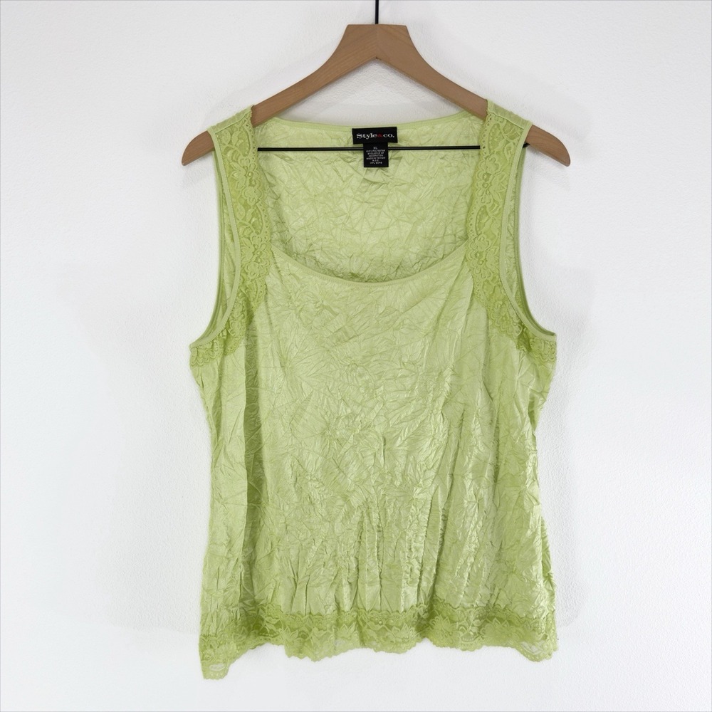 VTG Style & Co Top Womens XL Lime Green Lace Trim Cami Fairy Crinkle Y2K 90s
